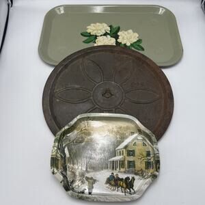 Vtg MCM Country Wall Decor Tin Platter Retro Floral Cottagecore Lot of 3 Rustic